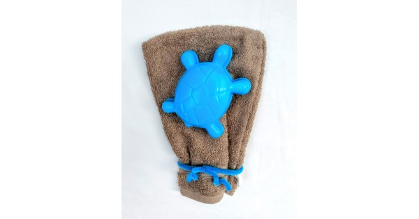 Washandje Fairtrade zand + blauw zandvormpje schildpad