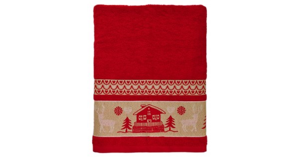 Badhanddoek rood met chaletmotief + washandje